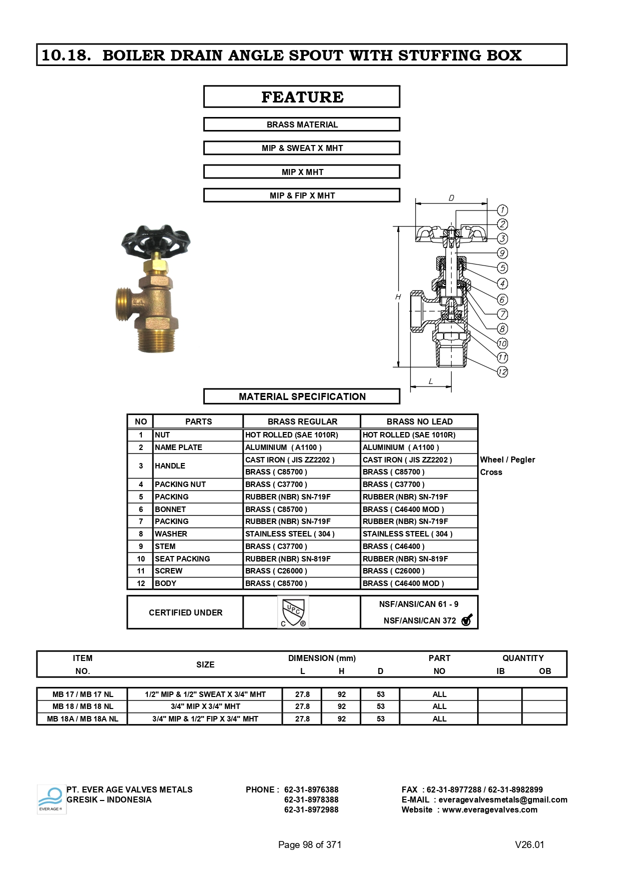 B0ILER DRAIN ANGLE SPOUT VALVES - MB 17 - MB 18A